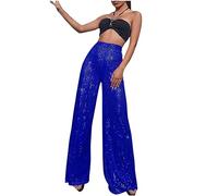 Women Sequin Trousers Casual Sparkly Sequin Pants High Waisted Wide Leg Palazzo Bell Bottom Dance Trousers Loose Pull On Comfy 70s Magic Glitter Disco Party Long Maxi Pants Clubwear Streetwear Blue