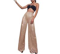 Women Sequin Trousers Casual Sparkly Sequin Pants High Waisted Wide Leg Palazzo Bell Bottom Dance Trousers Loose Pull On Comfy 70s Magic Glitter Disco Party Long Maxi Pants Clubwear Streetwear