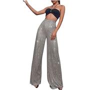 Women Sequin Trousers Casual Sparkly Sequin Pants High Waisted Wide Leg Palazzo Bell Bottom Dance Trousers Loose Pull On Comfy 70s Magic Glitter Disco Party Long Maxi Pants Clubwear Streetwear Gray