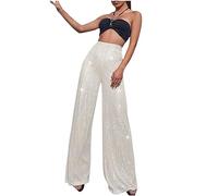 Women Sequin Trousers Casual Sparkly Sequin Pants High Waisted Wide Leg Palazzo Bell Bottom Dance Trousers Loose Pull On Comfy 70s Magic Glitter Disco Party Long Maxi Pants Clubwear Streetwear Silver