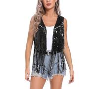 Women Sequin Waistcoat Glitter Fringe Vest Shiny Sparkle Tassel Top Black L