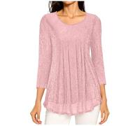 Women Sequined Blouse Ladies Ruffled Sparkling 3/4 Sleeve Tunic Tops Elegant Dressy Blouses Round Neck Double Layered Mesh Shimmer Glitter Flowy Shirt Casual Elegant Spring Summer T-Shirt Pink