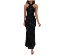 Women Sequined Club Party Dress UK Halter Neck Bodycon Maxi Dress Elegant Ladies Sparkly Evening Dress Sleeveless Glitter Formal Cocktail Dress Wedding Guest Outfit Black