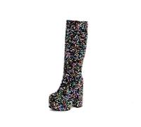 Women Sequins Knee-high Boots Over the Knee Round Toe Thick-soled Block Heels High Heels Slip-on Height 15 Cm