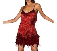 Women Sequins Spaghetti Strap Dress Feather Hem Shiny Ruched Sleeveless Mini Sling Dress Glitter Cocktail Party Club Sparkly Dress Tassel Flapper Vintage Fancy Fringe Ballroom Dress UK Clearance Red