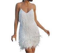 Women Sequins Spaghetti Strap Dress Feather Hem Shiny Ruched Sleeveless Mini Sling Dress Glitter Cocktail Party Club Sparkly Dress Tassel Flapper Vintage Fancy Fringe Ballroom Dress UK Clearance