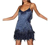 Women Sequins Spaghetti Strap Dress Feather Hem Shiny Ruched Sleeveless Mini Sling Dress Glitter Cocktail Party Club Sparkly Dress Tassel Flapper Vintage Fancy Fringe Ballroom Dress UK Clearance