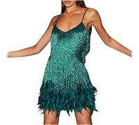Women Sequins Spaghetti Strap Dress Feather Hem Shiny Ruched Sleeveless Mini Sling Dress Glitter Cocktail Party Club Sparkly Dress Tassel Flapper Vintage Fancy Fringe Ballroom Dress UK Clearance
