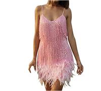 Women Sequins Spaghetti Strap Dress Feather Hem Shiny Ruched Sleeveless Mini Sling Dress Glitter Cocktail Party Club Sparkly Dress Tassel Flapper Vintage Fancy Fringe Ballroom Dress UK Clearance Pink