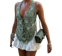 Women Sequins Tank Tops Y2k Sparkly Sleeveless Halter Cowl Neck Ruched Tie Backless Camisole Tops Summer Solid Color Vests (Green B, M)