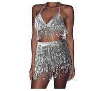 Women Sequins Tassel Latin Dance Dress 2 Piece Set Sparkly Fringe V Neck Sleeveless Top Sequin Hip Scarf Wrap Tassel Short Skirt Dance Belly Skirt Festival Party Costume (01 Silver, One Size)