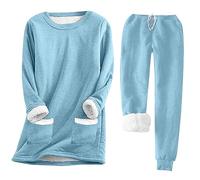 Women Sets Ladies Winter Warm Fleece Pajama Tracksuit with Pockets Solid Plain Plus Size Long Sleeve Sherpa Lined Jumper Tops Elastic Waist Bottoms 2 Piece Comfy Nightwear Thermal Loungewear