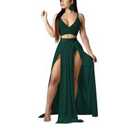 Women Sexy 2 Piece Outfits Dress Chiffon Strap Deep V Neck Bra Crop Top High Split Maxi Dresses Skirt Set, Dark Green, M