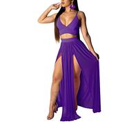 Women Sexy 2 Piece Outfits Dress Chiffon Strap Deep V Neck Bra Crop Top High Split Maxi Dresses Skirt Set, Purple, M