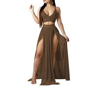 Women Sexy 2 Piece Outfits Dress Chiffon Strap Deep V Neck Bra Crop Top High Split Maxi Dresses Skirt Set, Brown, S