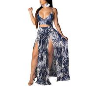 Women Sexy 2 Piece Outfits Dress Chiffon Strap Deep V Neck Bra Crop Top High Split Maxi Dresses Skirt Set, Beach Blue, S