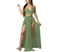 Women Sexy 2 Piece Outfits Dress Chiffon Strap Deep V Neck Bra Crop Top High Split Maxi Dresses Skirt Set, Light Green, XS