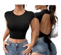 Women Sexy Backless Tank Top Basic Ladies Short Sleeve Going Out Basic T Shirts Solid Color Short Sleeve Stretchy Slim Fit Crew Neck Crop Tops(Black S)