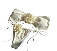 Women Sexy Bandeau Bikini Set Strapless Floral Swimsuit High Cut 2 Pieces Bathing Suit Side Tie Bikini Bottom Set White M