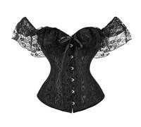 Women Sexy Basque Off-Shoulder Lace Up Boned Bustier Womens Vintage Off Shoulder Corset Bustier Overbust Corset Tops With Long Sleeve Renaissance Gothic Floral Embroidery Ruffle Hem Boned Overbust