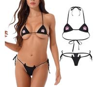 Women Sexy Bikini Set Extreme Micro Monokini 2 Piece Swimsuit Swimwear Cute Cat Paw Embroidery Lingerie Halter Straps Chemise Trianlge G String for Summer Beach Black