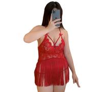 Women Sexy Clothing Deep V Sex Fashion Tassel Underwear Lace Perspective Erotic Lingerie B-Red XL