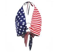 Women Sexy Deep V Neck Halter Crop Tops American Flag/Wave Point Lace Up Backless Top Sexy Front Ring Hollow Tank Top Summer Slim Fit Vest Beach Streetwear Red