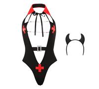 Women Sexy Devil Costume Halloween Cosplay Outfits Mesh Ruffle Bra and Panty Set with Red Devil Horns Headband 3 Piece Lingerie Anime Cosplay Fancy Dress-up Bikini for Roleplay Club Party (Style B)