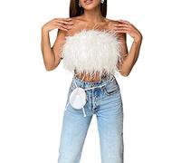 Women Sexy Faux Fur Trim Crop Camisole Hairy Bustier Bralette Sleeveless Cami Vest Furry Feather Cropped Tank Top (White, Small)