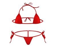 Women Sexy Halter Neck Swimsuit Small Bar with Adjustable G-String Throng Micro Mini Bikini Set 2 Pieces, Red, One Size