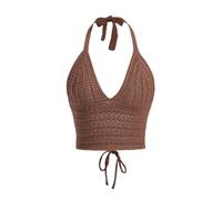 Women Sexy Hollow Out Crochet Crop Halter Tops Y2K Knitted V Neck Sleeveless Backless Lace Up Crop Cami Tank Beachwear