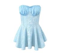 Women Sexy Jacquard Satin Corset Style Strapless Mini Dress Asymmetric Ball Gown Swing Robe Party Dress Blue M