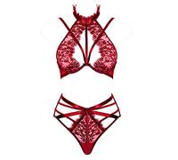 Women Sexy Lace Lingerie Set, Strappy Bra and panty Lace Choker Highwaist Panty 2 Pieces Bra Set Red 70C