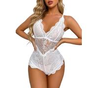 Women Sexy Lace Lingerie Teddy Mesh Bodysuit Hollow Out Leotard See Through Jumpsuit Bodycon Nightwear Deep V Negligee Halterneck Floral Sheer Chemise Underwear Female Bodies Sleepwear for Bedroom