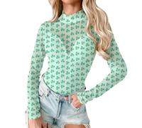 Women Sexy Lace Mesh Long Sleeve Shirts St Patrick's Day Shamrock Clover Printed See Throgh Tops Slim Fitted Low Cut Crop Tops Y2k Going Out Layering Slim Fit Tee Streetwear for Party Club Night Out