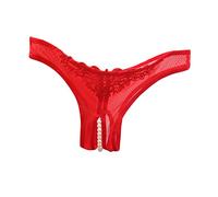 Women Sexy Lace Underwear Open Cut Pearl Massage Hollow Low Waist Triangle G String Pants Butt Lift Stretch Elastic Flirty Soft Breathable Lingerie Panties, Red, One Size