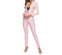 Women Sexy Latex Long Sleeves Zip PVC Spandex Shiny Jumpsuit Costume Nightclub Dance Bodysuit Cosplay Fancy Dress Wetlook Club Wear,Pink,S