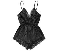 Women Sexy Lingerie Deep V-Neck Lace Bodysuit Satin Pyjamas One Piece Teddy Bodysuits Silk Satin Babydoll Chemise for Sex Plus Size Erotic Lingerie Sling Nightwear Sleepwear Underwear Set Ladies