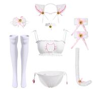 Women Sexy Lingerie Outfit: Fancy Anime Cat Bra and Panty Set Halloween Costume Bikinis Underwear With Stockings and Headband 7PCS Nightwear Sleepwear Japanese Clothes White+Pink one size