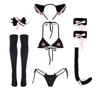 Women Sexy Lingerie Outfit: Fancy Anime Cat Bra and Panty Set Halloween Costume Bikinis Underwear With Stockings and Headband 7PCS Nightwear Sleepwear Japanese Clothes Black+Pink one size