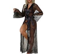 Women Sexy Lingerie Robe Floral Lace Kimono Bathrobe Babydoll Nightwear Nightgown Long Sheer Mesh Dressing Gown See Through Bridal Bridesmaid Satin Belted Sleepwear Swimsuit Bikini Beach Cover Up