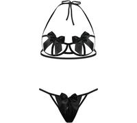 Women Sexy Lingerie with Bow Halter Neck Naughty Half Cup Bra and Panty Set Hollow Self Tie Strappy Babydoll Teddy Sleepwear Lace-up Underwear Nighties Gift for Valentines Date Xmas (Black, One Size)