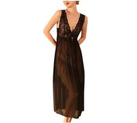 Women Sexy Mesh Long Nightdress Lace Lingerie Deep V Neck Perspective Babydoll Chemise Sleeveless Sleep Dress Sleepshirts Nightie Sexy Nightwear Sleepwear for Ladies Black