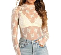 Women Sexy Mock Turtle Neck Long Sleeve Sheer Mesh Lace Floral See Through Swiss Dots Going Out Layering Slim Fit Tops Streetwear (B-Creamy White, L)