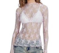 Women Sexy Mock Turtle Neck Long Sleeve Sheer Mesh Lace Floral See Through Swiss Dots Going Out Layering Slim Fit Tops Streetwear (B-Pink, S)
