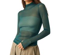 Women Sexy Mock Turtle Neck Long Sleeve Sheer Mesh Ruched See Through Swiss Dots Going Out Layering Slim Fit Tops Streetwear (A-Green, M)