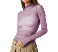 Women Sexy Mock Turtle Neck Long Sleeve Sheer Mesh Ruched See Through Swiss Dots Going Out Layering Slim Fit Tops Streetwear (A-Purple, S)