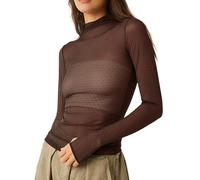 Women Sexy Mock Turtle Neck Long Sleeve Sheer Mesh Ruched See Through Swiss Dots Going Out Layering Slim Fit Tops Streetwear (A-Dark Brown, S)