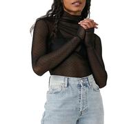Women Sexy Mock Turtle Neck Long Sleeve Sheer Mesh Ruched See Through Swiss Dots Going Out Layering Slim Fit Tops Streetwear (A-Black, S)