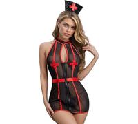 Women Sexy Nurse Outfits Halter See Through Mesh Lingerie Naughty Nurse Costume Babydoll Doctor Cosplay Zipper Uniform Bodysuit with Headpiece G-String for Halloween Roleplay Party Club Fancy Dress